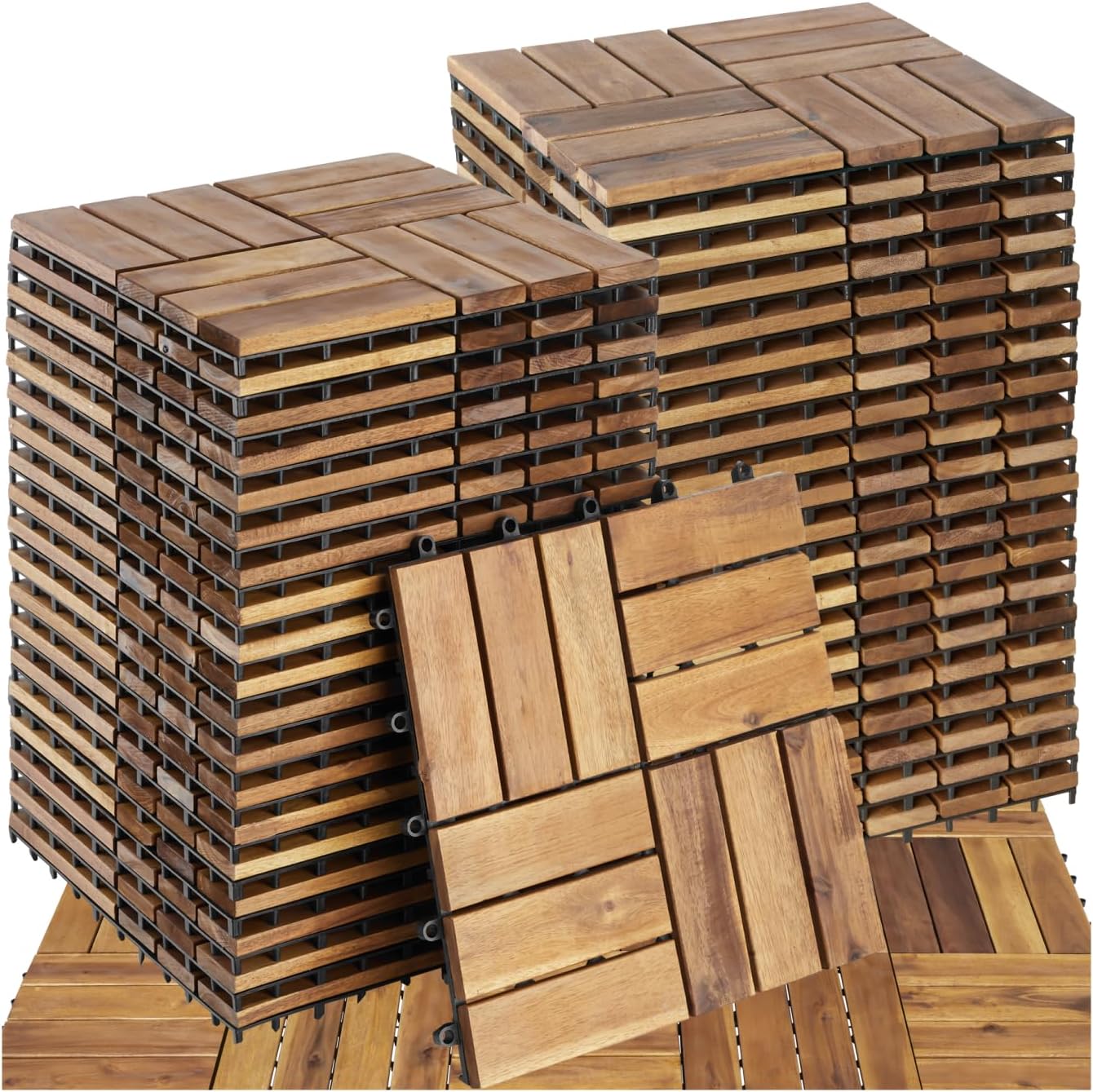 Detalle de tectake Holzfliesen 40-teiliges Set – wetterfeste Akazienholz-Klickfliesen für Terrasse, Balkon & Gartenweg