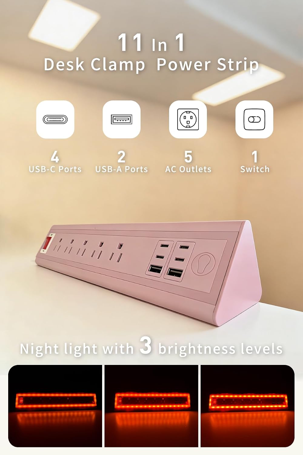 Detalle de NYYTGE Desk Clamp Power Strip with Nightlight, 40W Fast Charging (5 AC Outlets, 10FT Cord)