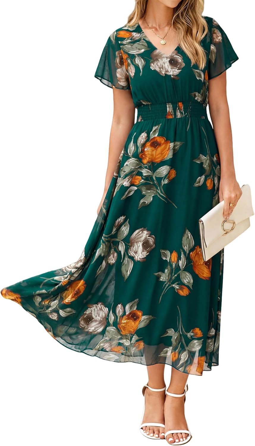 Thumbnail 6 de Simplee Women's Floral Maxi Dress - Short Sleeve Boho Summer Wedding Guest Dress
