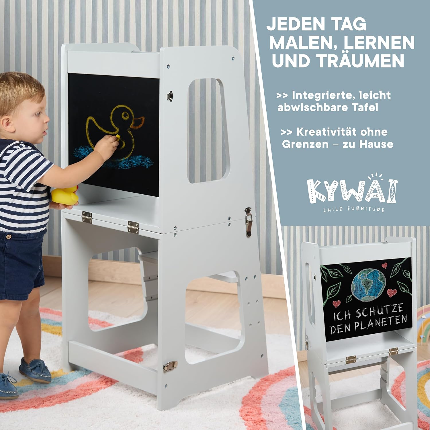 Thumbnail 3 de KYWAI Montessori Lernturm ab 1 Jahr – klappbar, 2-in-1 Premium Learning Tower & Tisch (grau)