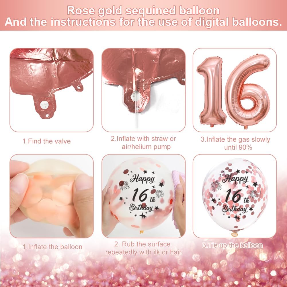 Thumbnail 2 de 16th Birthday Decorations Retro Pink Rose Gold set (Double Digits) – banner, pennant flags, cake topper & balloon assortment