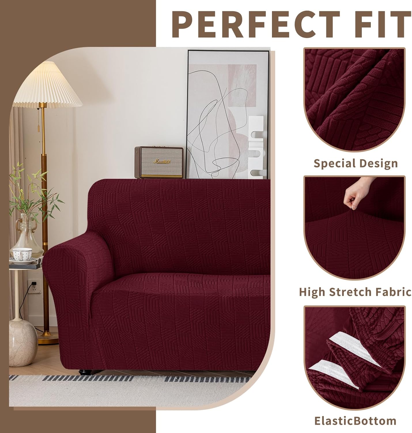 Thumbnail 4 de Ystyle Housse de canapé 2 places extensible bordeaux (139-175 cm) avec accoudoirs, antidérapante et lavable