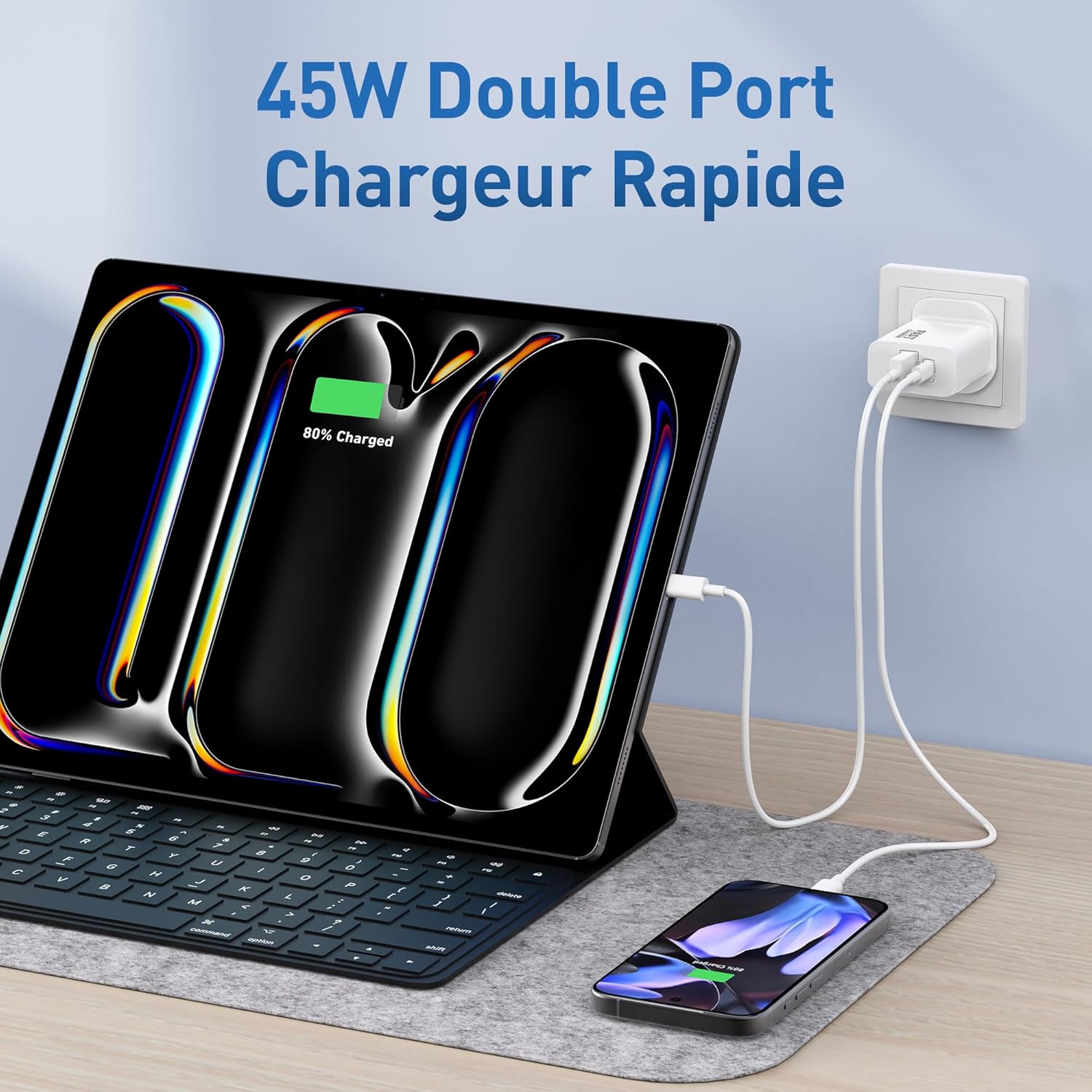 Thumbnail 5 de Chargeur USB-C 45W à 2 ports (USB-C/A) pour Google Pixel et autres compatibles – Câble 2 m inclus