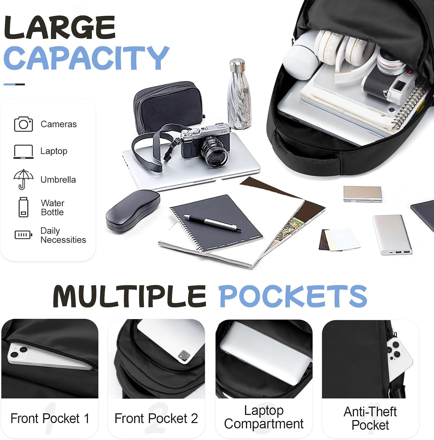 Thumbnail 3 de WEPLAN School Backpack: Lightweight 18.5L Daypack with Anti-Theft Pocket (C2-Black)