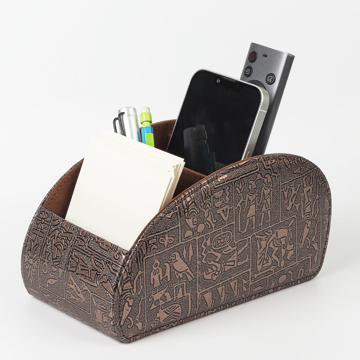 Detalle de WAYIFON Fernbedienungshalter mit 5 Taschen – Große Halterung für TV, DVD, 4K Stick und Bluray Fernbedienungen, Aufbewahrung für Stifte, L-Retro Braun