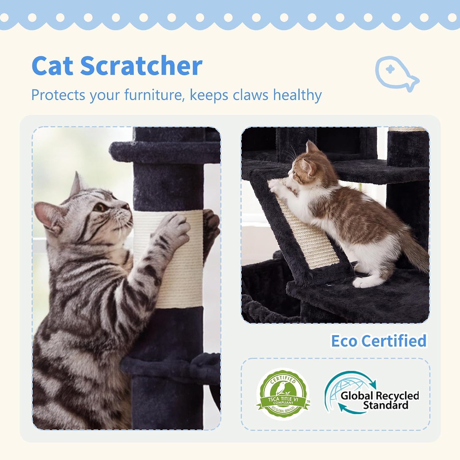 Detalle 2 de Heybly HCT034G 71-Inch Cat Tree with 6 Levels, Condos and Sisal Scratcher