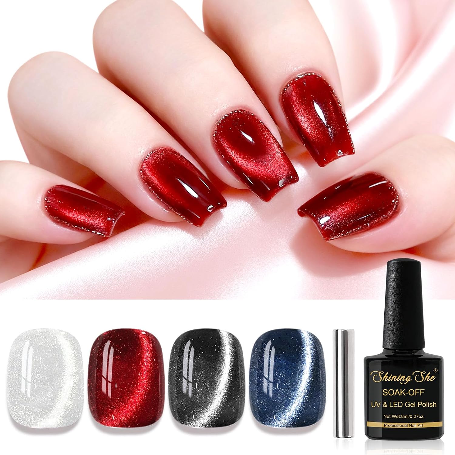 Detalle de Shining She UV Cat-Eye Nagellack Set (4 Farben, 9D Holographic) – Katzenaugen mit Magnet-Effekt, 8 ml