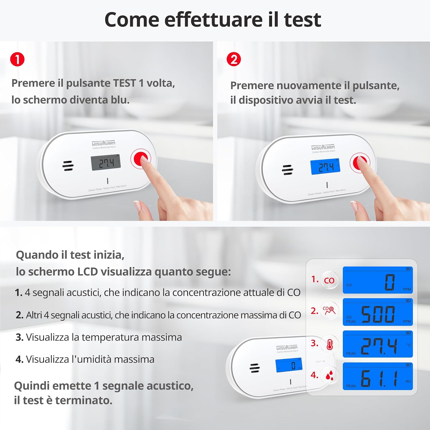 Detalle de Rilevatore di monossido di carbonio con batteria sigillata da 10 anni: monitoraggio CO, temperatura e umidità • display LCD