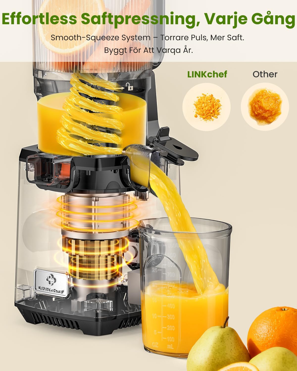 Detalle de LINKChef slowjuicer, 130 mm inmatning, 1,8 l och 250 W