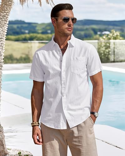 Detalle 2 de J.VER White Linen Shirt for Men – Short Sleeve, Regular Fit, Lightweight Cotton-Linen Blend