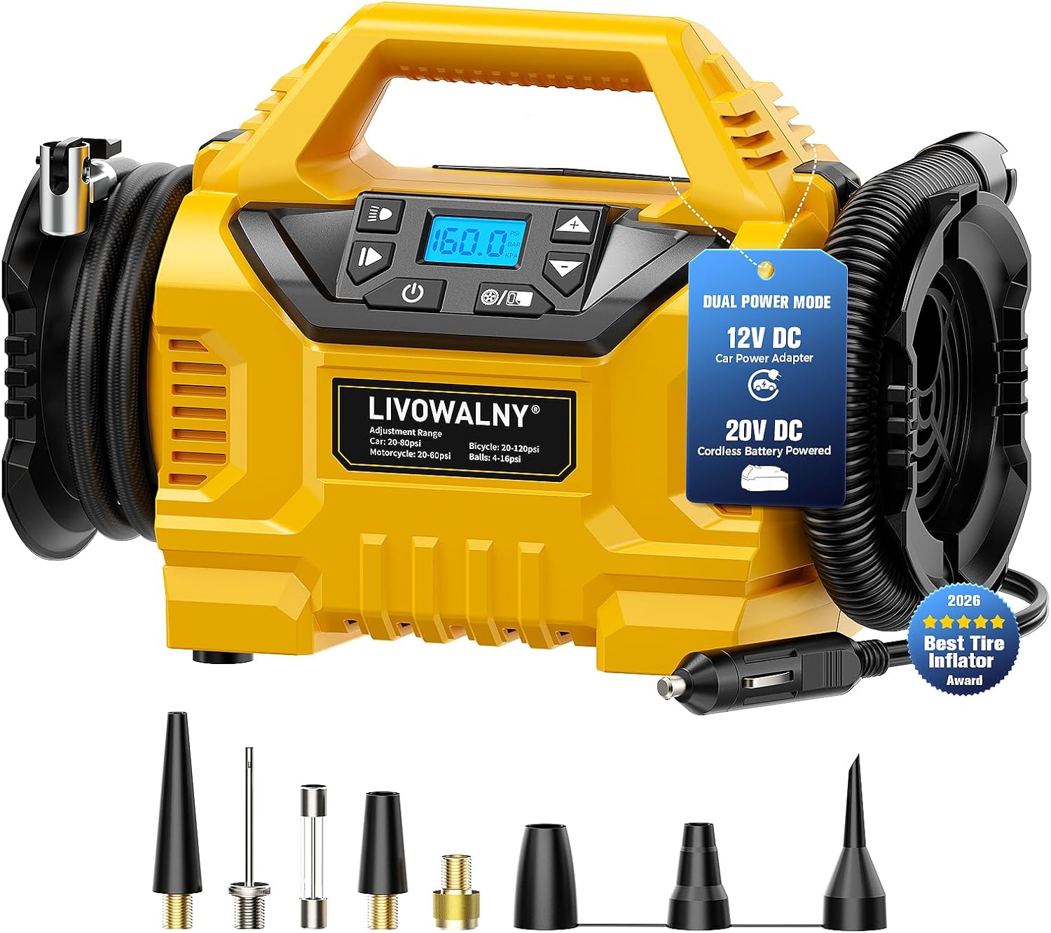 Detalle de LIVOWALNY WSCZ041D0A01 Cordless Tire Inflator, 160 PSI, 12V/20V