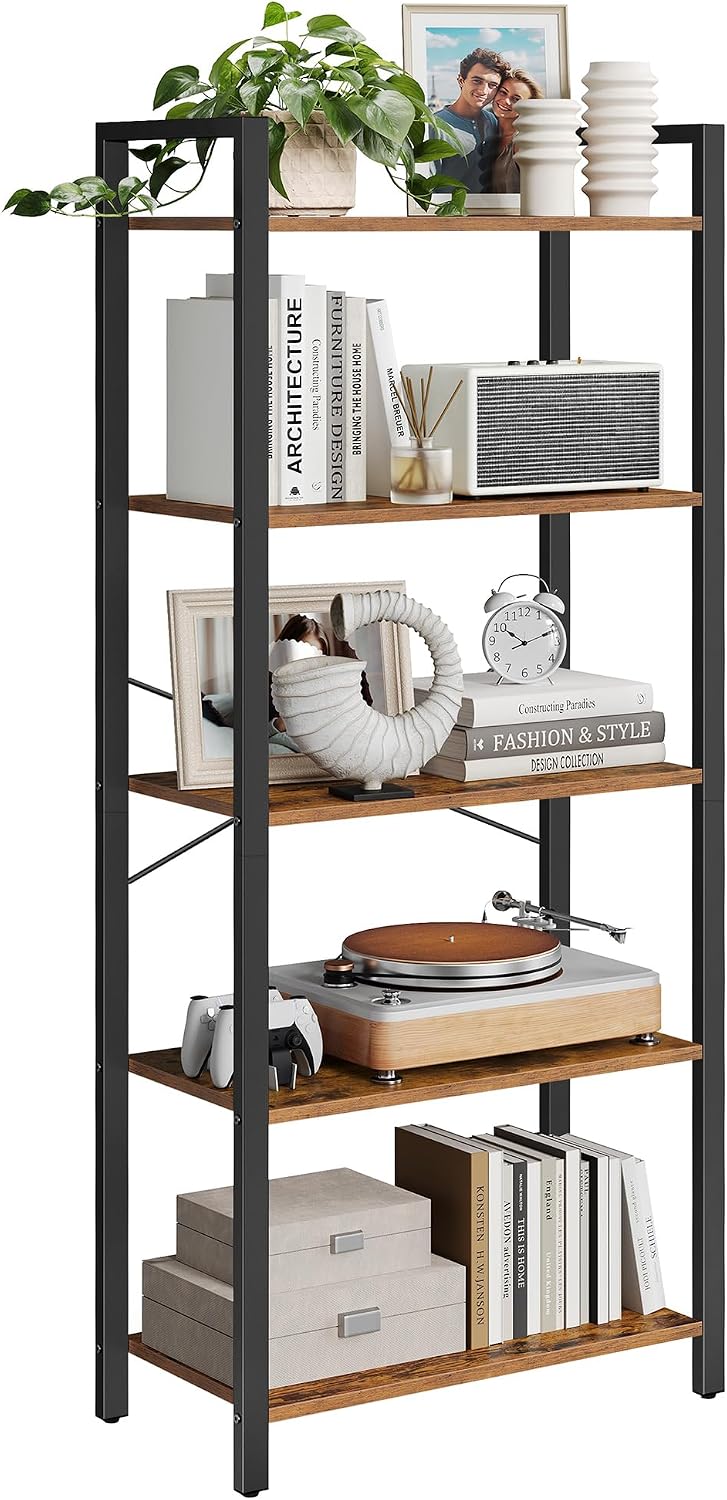Detalle de VASAGLE LLS061B01 boekenkast met 5 planken, stalen frame, rustiek bruin-zwart
