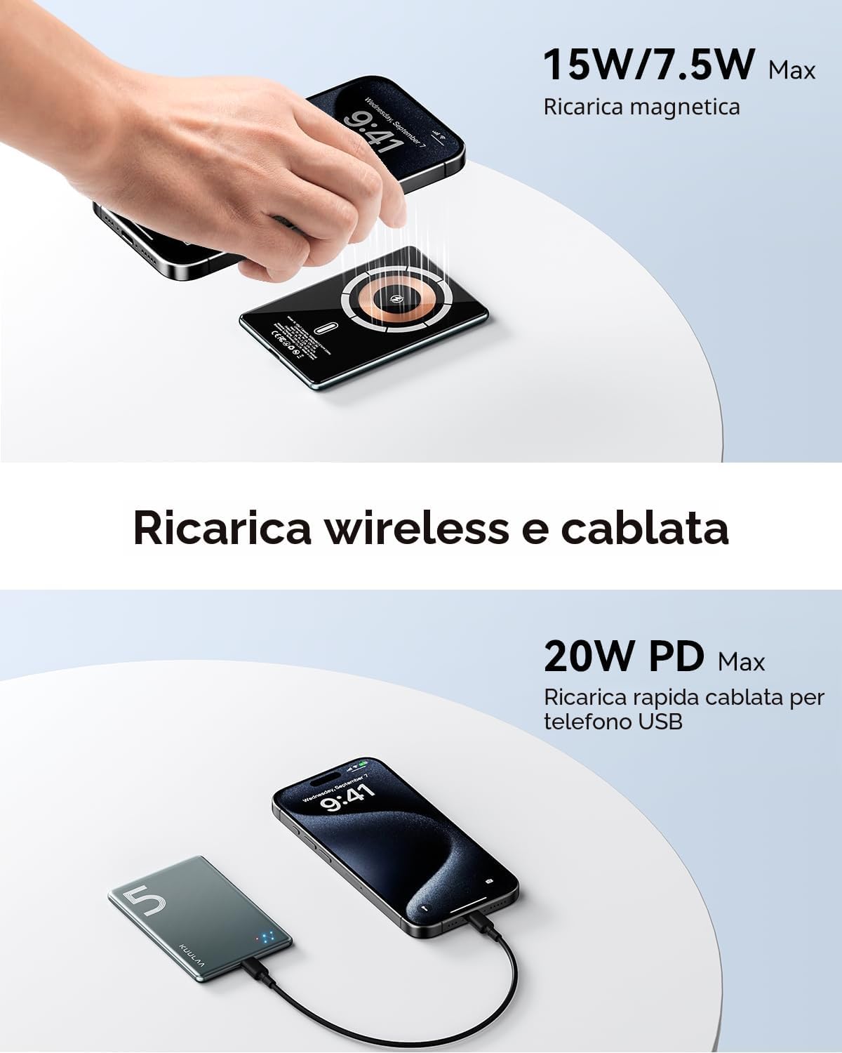 Detalle de Kuulaa Power Bank Ultra Slim MagSafe 5000 mAh: ricarica magnetica veloce e stile minimale per iPhone
