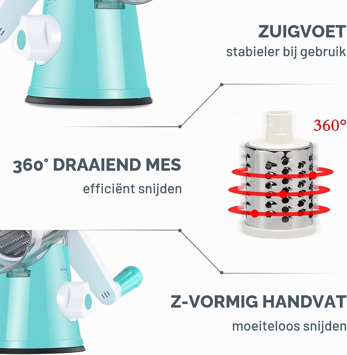 Detalle de Wuciray wu-qsq handmatige groentesnijder met 3 verwisselbare raspcilinders