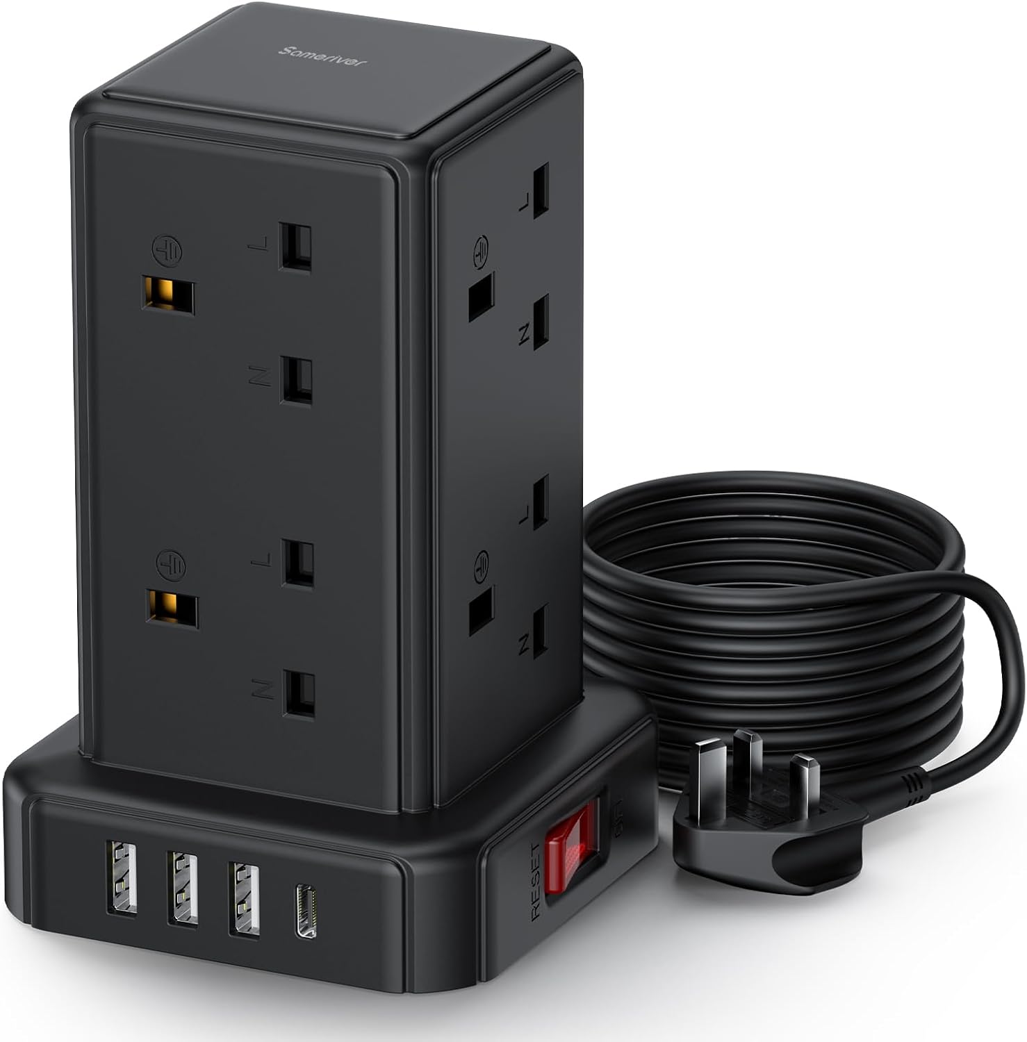 Detalle de Tower Extension Lead Surge Protector with 8 AC Outlets, 4 USB Ports and Switch (13A/3250W) – 2m