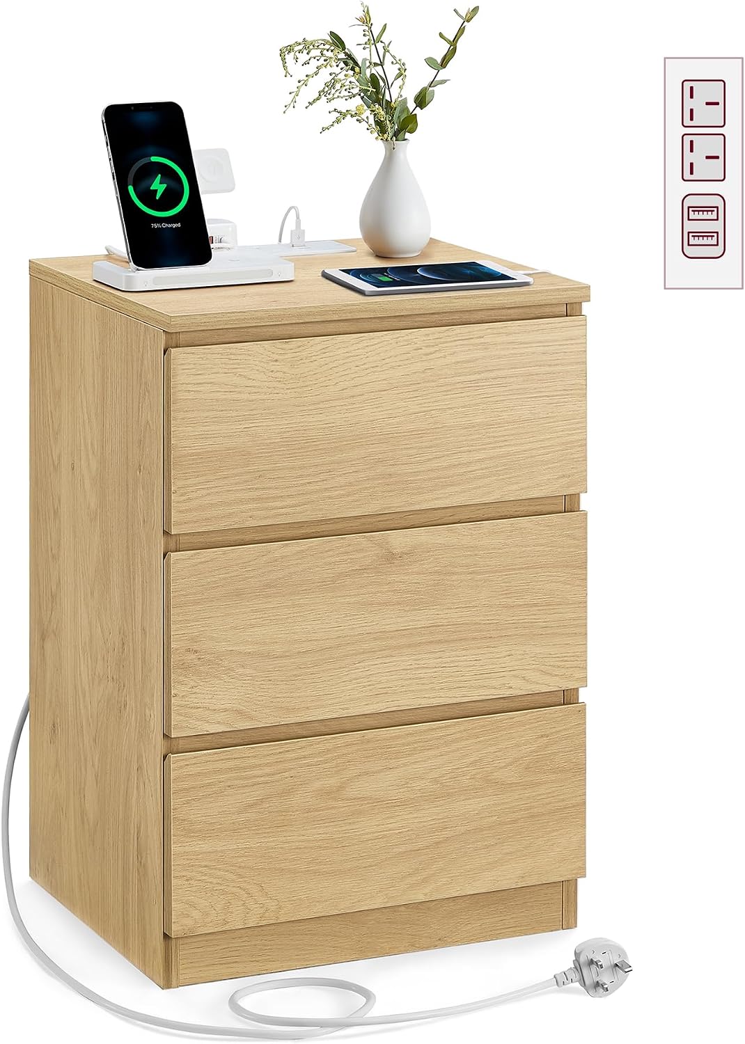 Detalle de VASAGLE LET631Y71 KAILYN Bedside Table with 3 Drawers and Charging Station