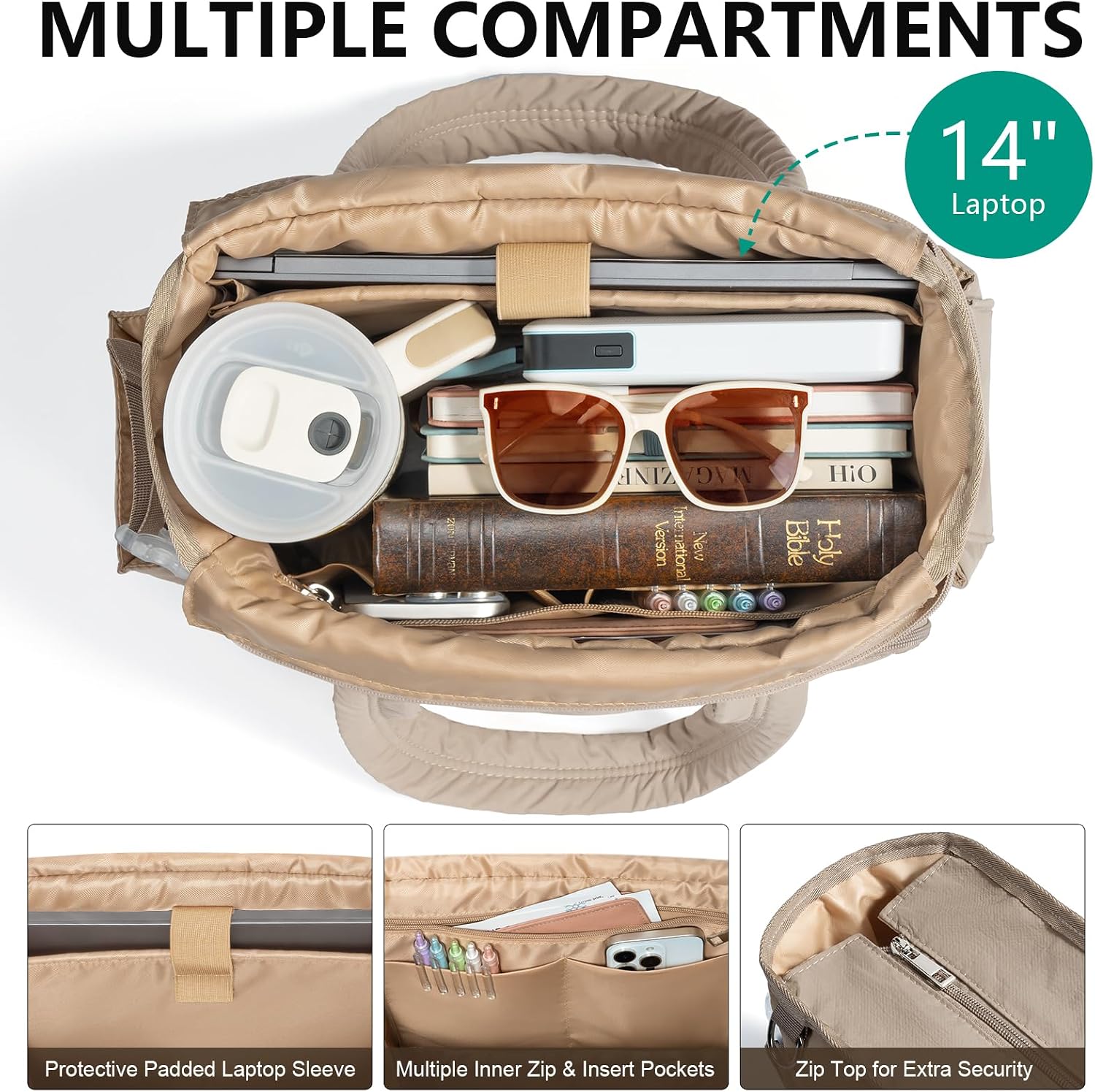 Detalle de FLOE Large Bible Tote Bag with Study Kit, Quilted Oatmeal, 14-Inch Sleeve
