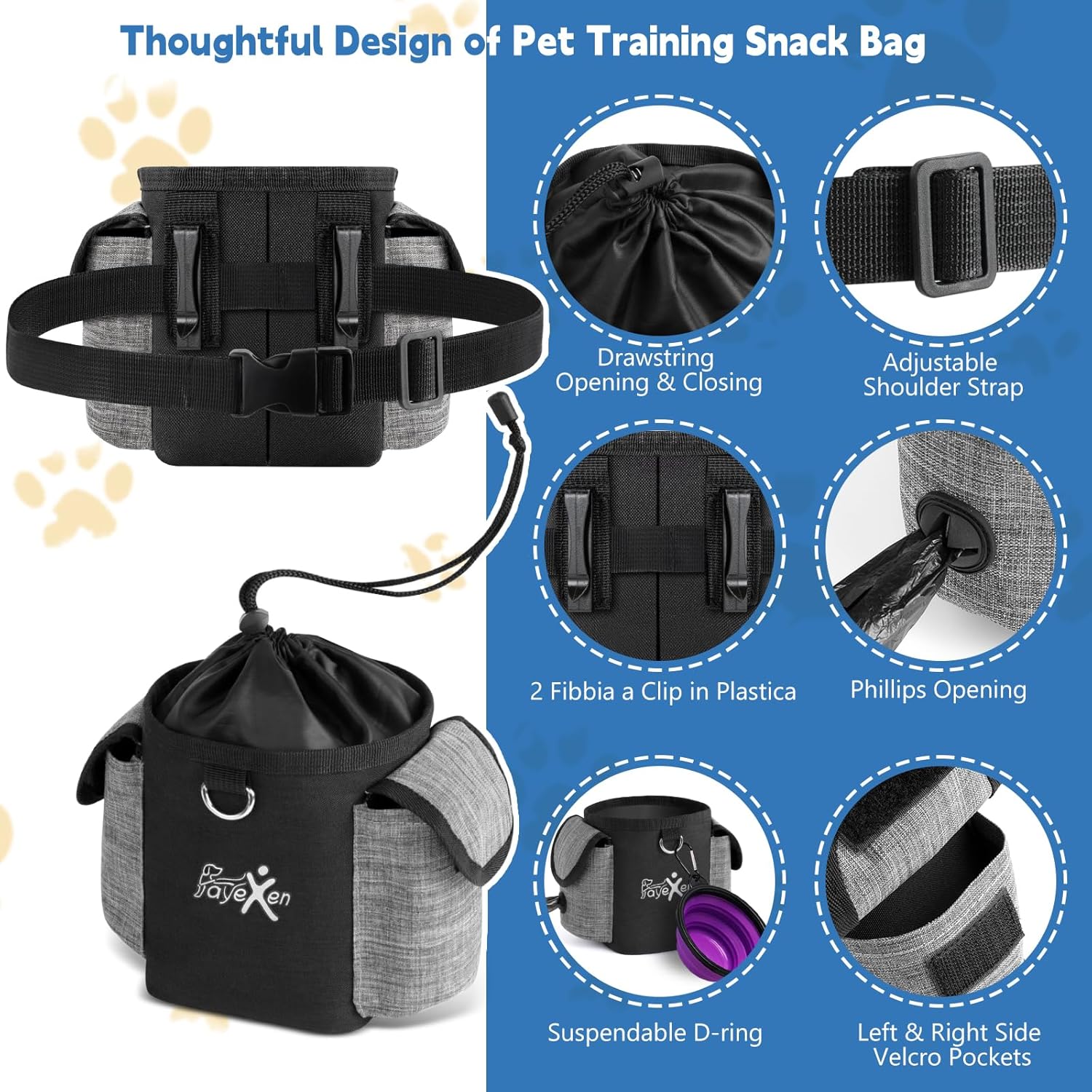 Detalle de Leckerlitasche für Hunde mit wasserdichtem Oxford-Gewebe, verstellbarem Gürtel & Kotbeutelspender – Bauchtasche fürs Training