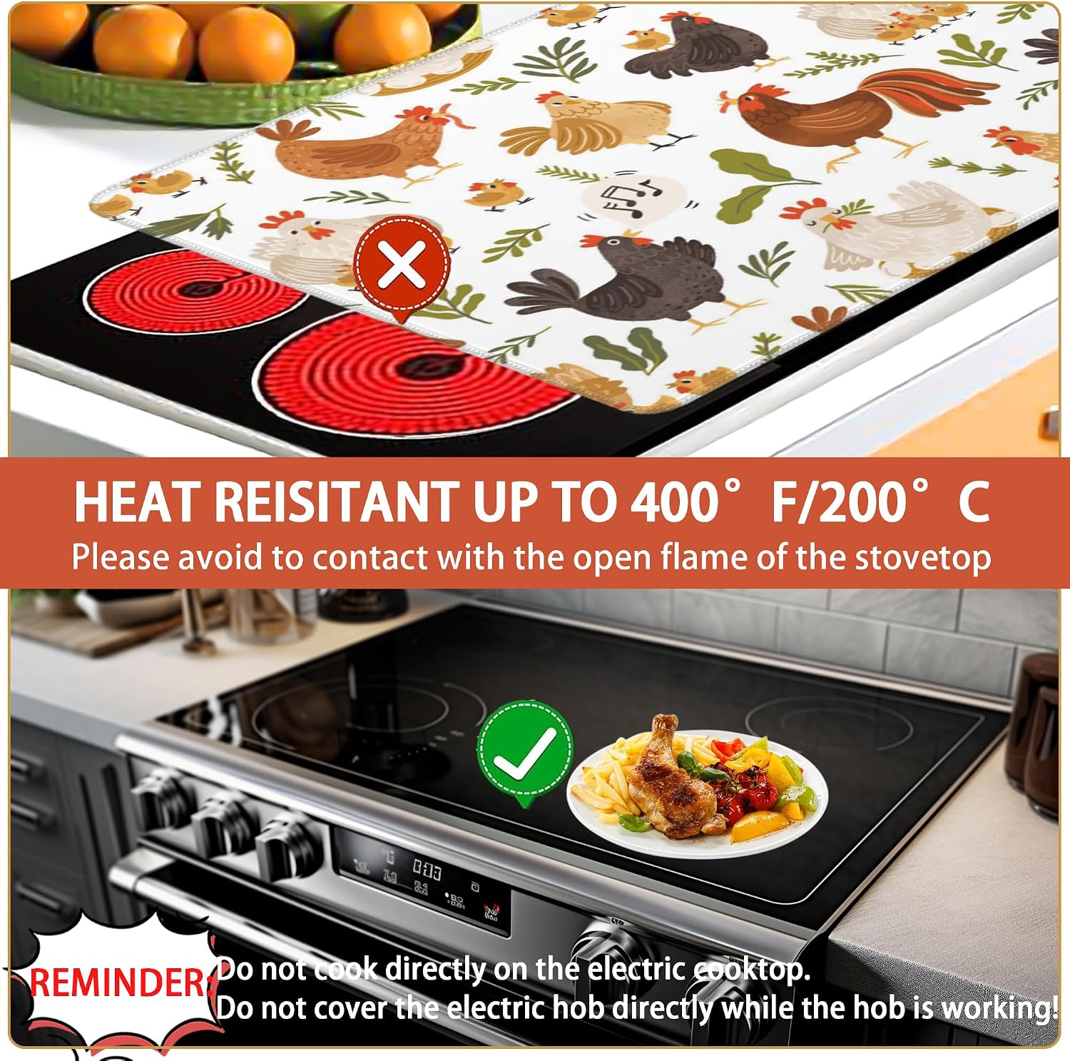 Detalle de Kazxcoa Roosters Chickens Hens Stove Top Cover, 28 x 19.5-Inch Rubber Mat