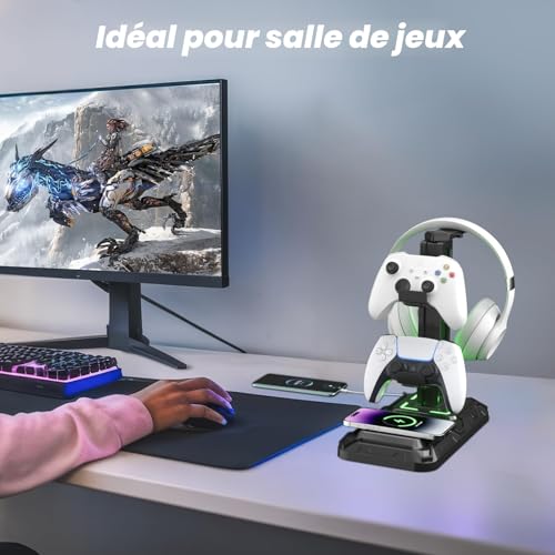 Thumbnail 6 de KDD Support Casque Gamer avec Charge Sans Fil et Station de Rechargement – Porte-Headset et Manettes, 2 USB + Type-C, Noir