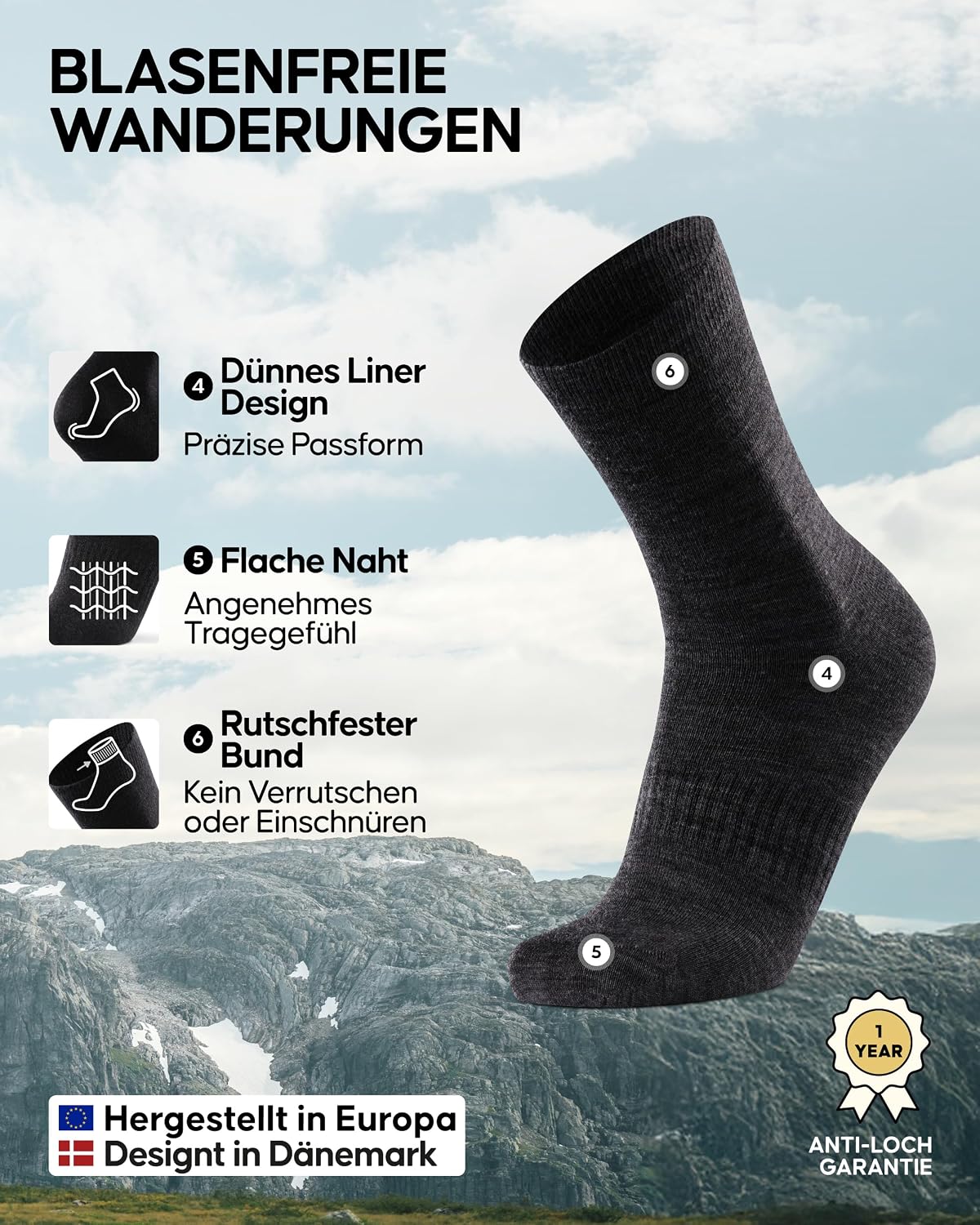 Thumbnail 2 de DANISH ENDURANCE Merino Liner Wandersocken