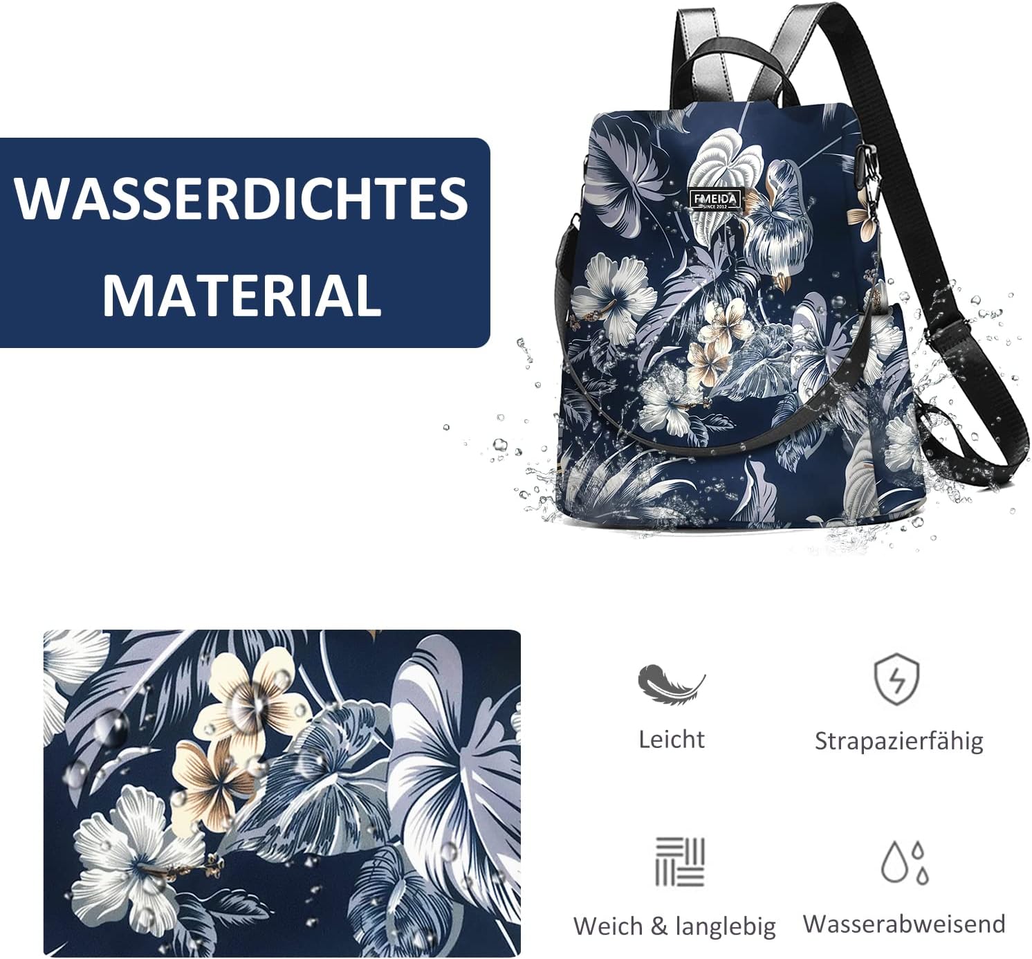 Detalle de Fmeida Rucksack Damen Anti-Diebstahl Nylon 2 in 1 | Wasserdicht, leicht und vielseitig