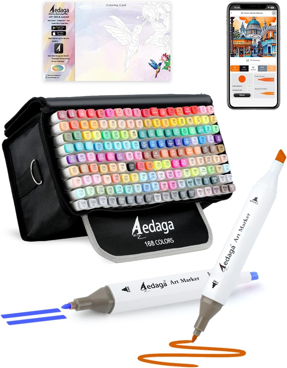Detalle de AEDAGA 168 Colour Alcohol Markers with Free App (Chisel & Fine Tips) and Kickstand Case