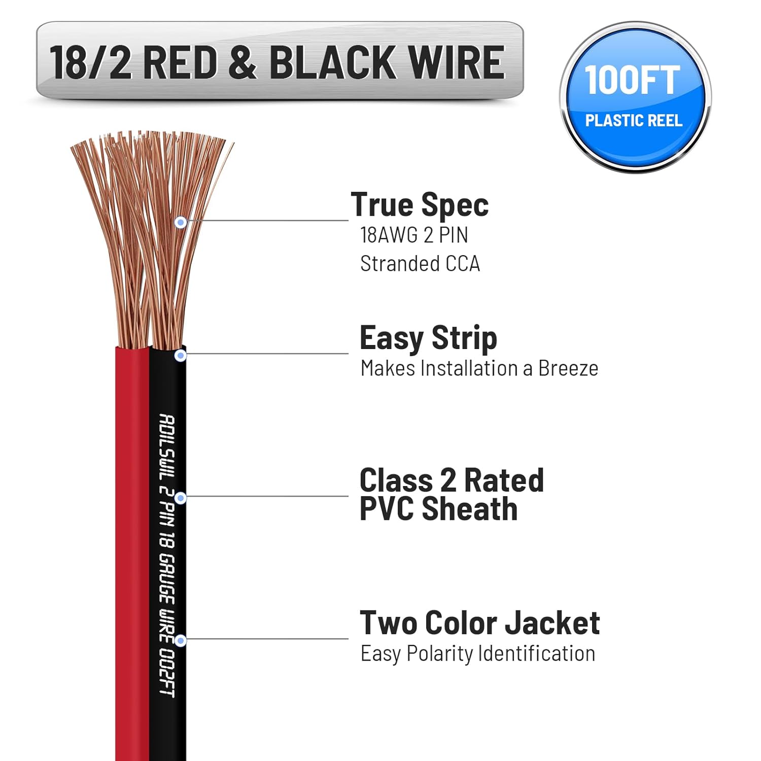 Thumbnail 3 de ADILSWIL 18/2 Speaker Wire Cable, 18 Gauge, 50FT (OFC) Red/Black CL2 Flexible Stranded Wire