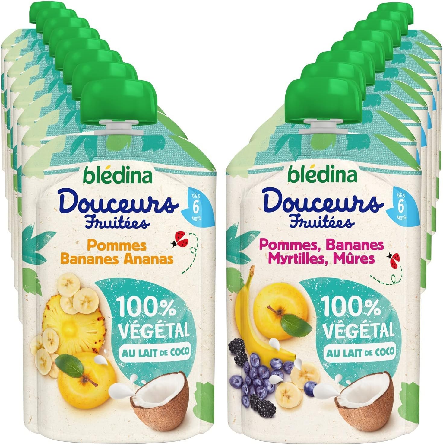 Blédina Gourdes Douceurs Fruitées 100% Végétal – lot de 16 gourdes (dès 6 mois)