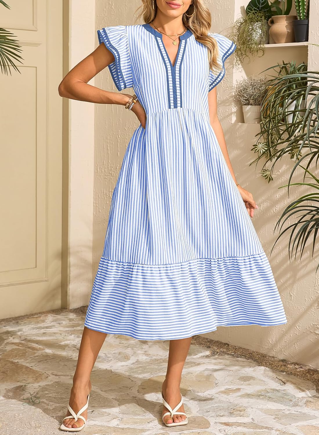 Detalle de Dokotoo Women's Dresses 2026 Summer V-Neck Ruffle Dress with Pockets