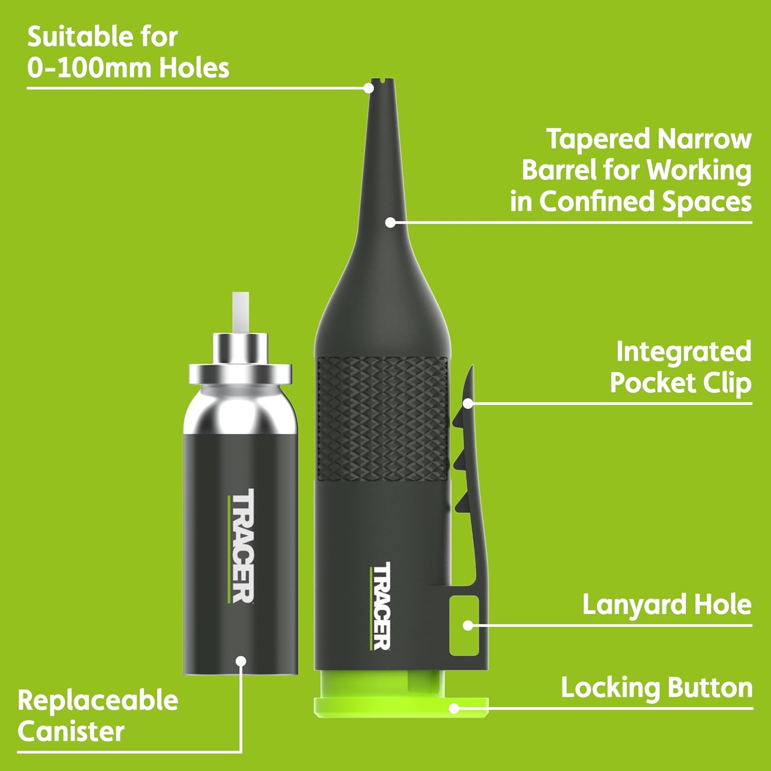 Detalle 2 de Tracer Trueshot Deep Hole Chalk Marker (100mm reach) – High-visibility green for deep holes & tight spaces