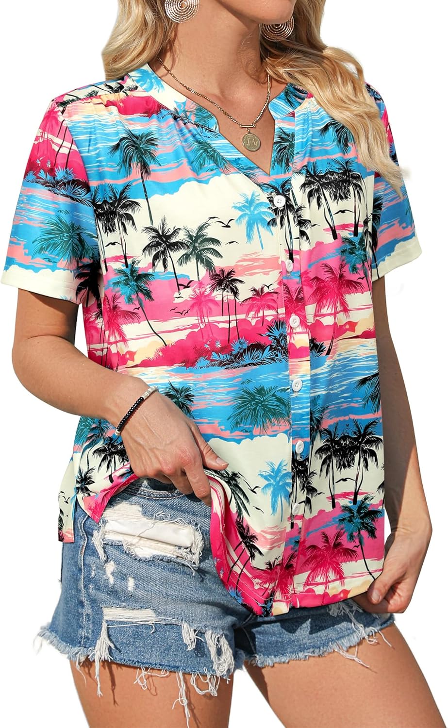 Thumbnail 3 de WIEIYM Women V Neck Pleated Puff Short Sleeve Floral T Shirt – Tropical Printed Blouse Top