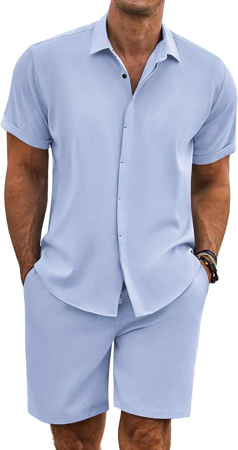Detalle de COOFANDY Men's Linen-Texture Shirt and Shorts Set, Short Sleeve