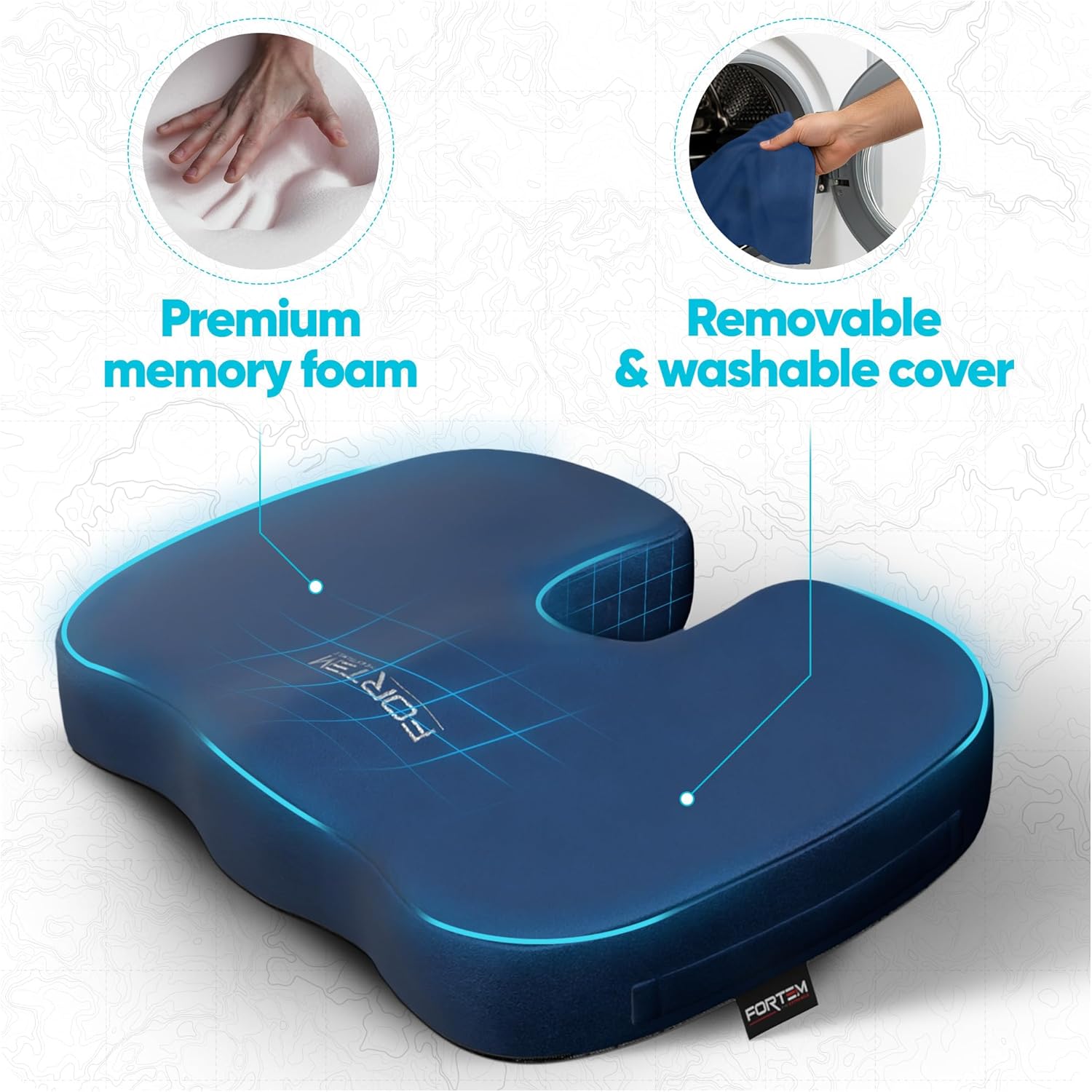 Detalle de FORTEM Office Chair Cushion (Memory Foam) – XL U-Shape Seat Pad with Non-Slip Base, Washable Cover