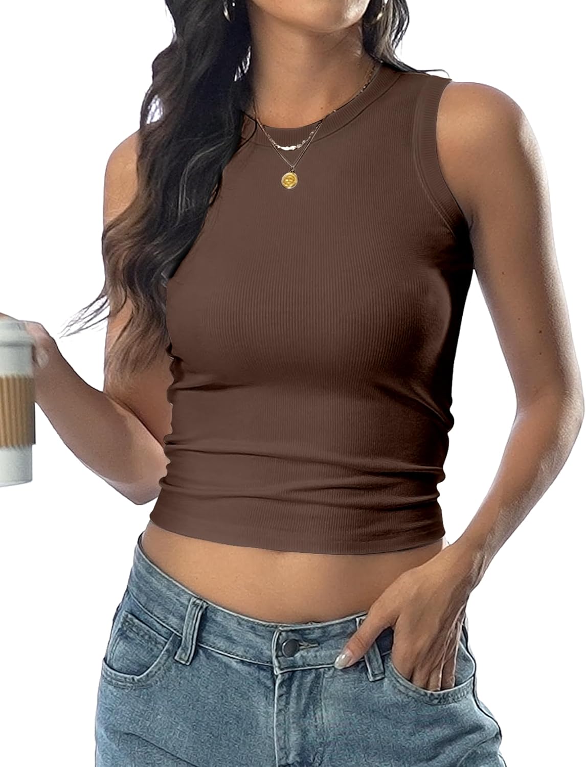 Thumbnail 6 de DUOEASE Canotta Donna Estiva Girocollo: Top corto slim fit in tessuto a coste