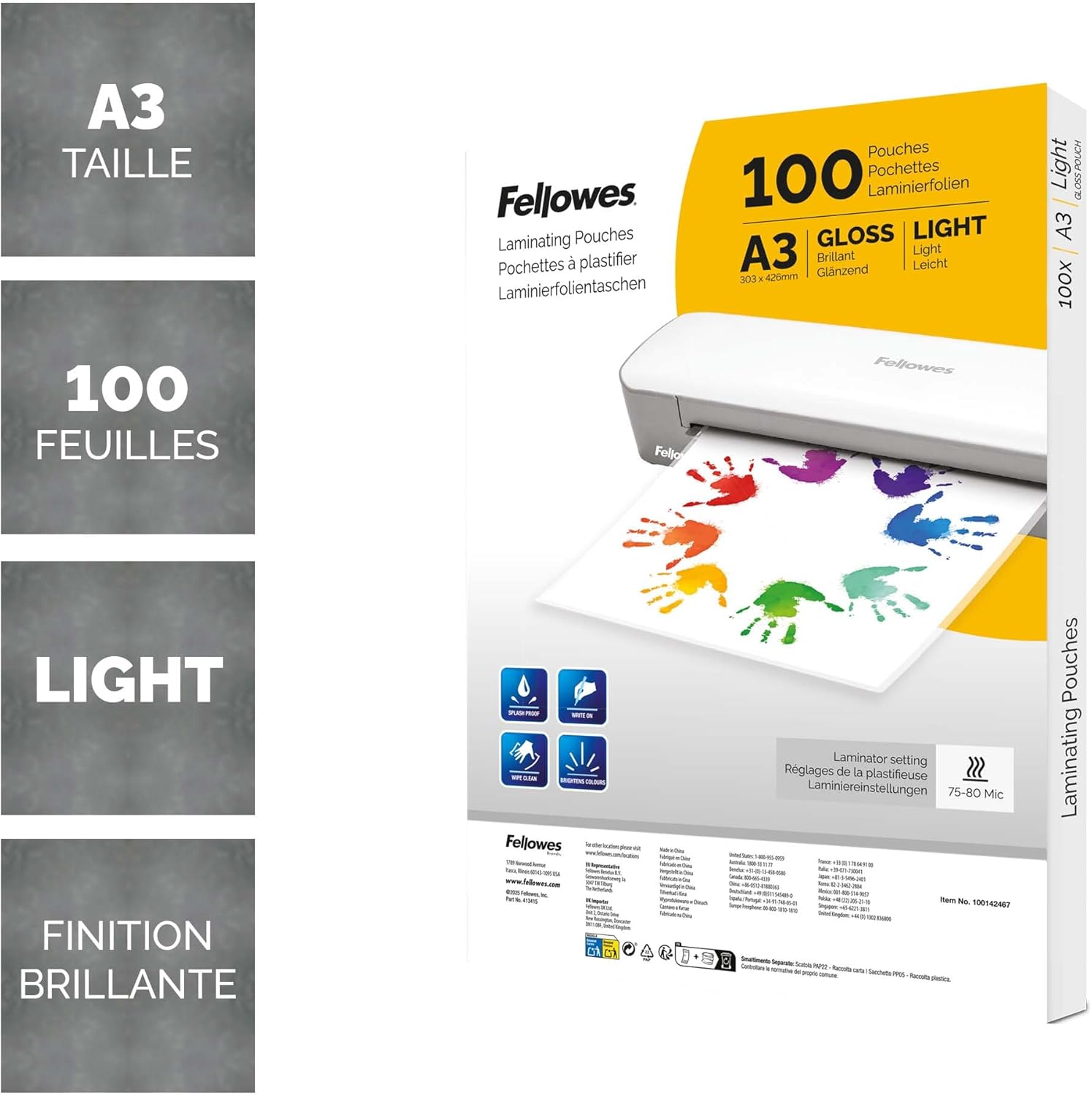 Thumbnail 1 de Fellowes Pochettes de plastification A3 brillantes – Lot de 100 feuilles durables pour affiches, panneaux et documents