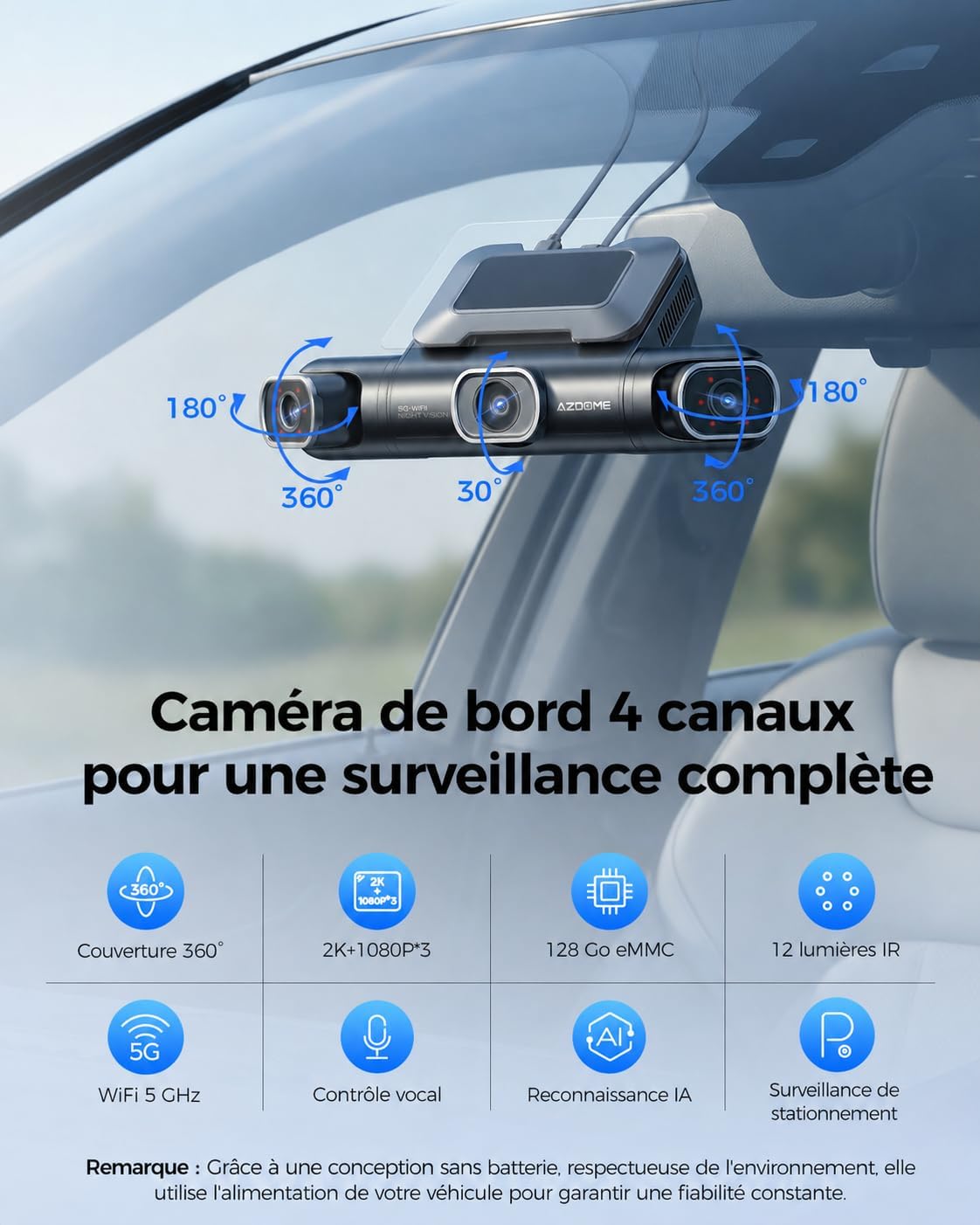 Detalle de AZDOME M660: Dashcam 4 canaux 360° avec 2,5K + 3x1080P, 128 Go eMMC, 5G WiFi & GPS