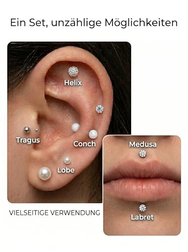 Detalle 1 de CIZME Labret Piercing 16G 1,2 mm Chirurgenstahl Silber Set – 12 Stäbe + 14 Kugeln