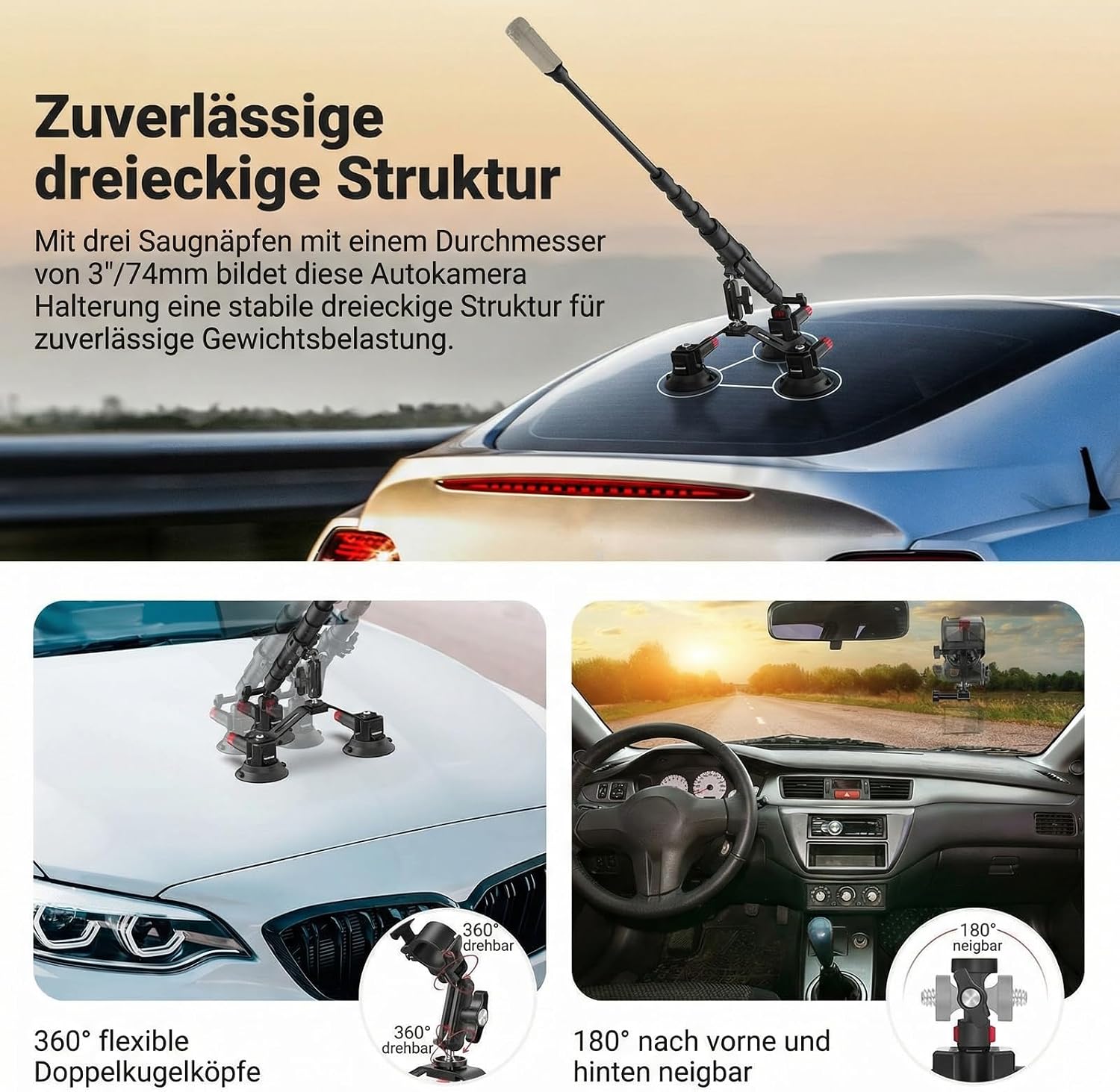 Detalle de NEEWER Dreifach Saugnapf Autohalterung CA065 für Insta360 X5/X4 & GoPro – mit 2-in-1 Teleskopstange