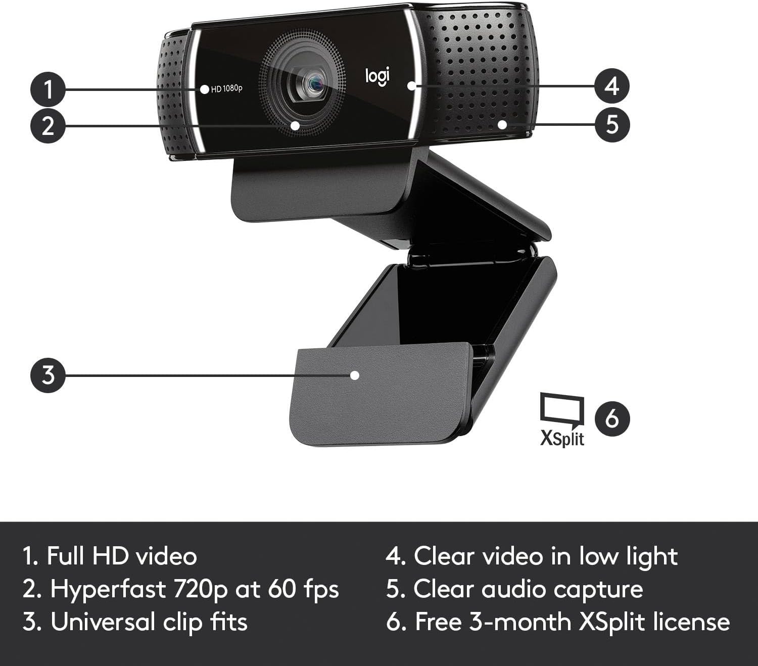 Detalle 2 de Logitech C922 Pro Stream Webcam (HD 1080p/30fps or HD 720p/60fps) with stereo audio – black