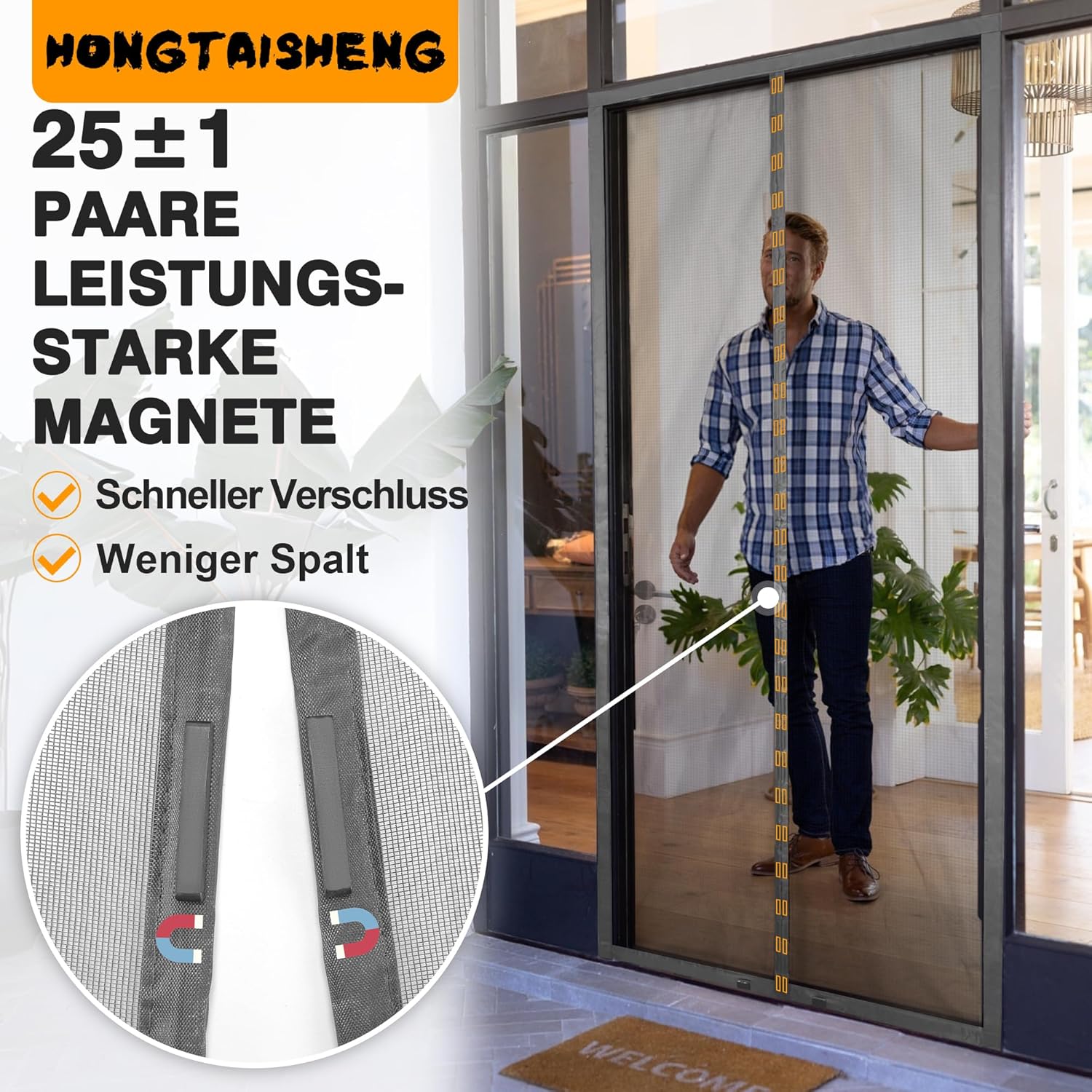 Thumbnail 2 de Fliegengitter Balkontür von HONGTAISHENG (80x210 cm) – Magnetvorhang ohne Bohren, 4 cm Klettverschluss, Grau