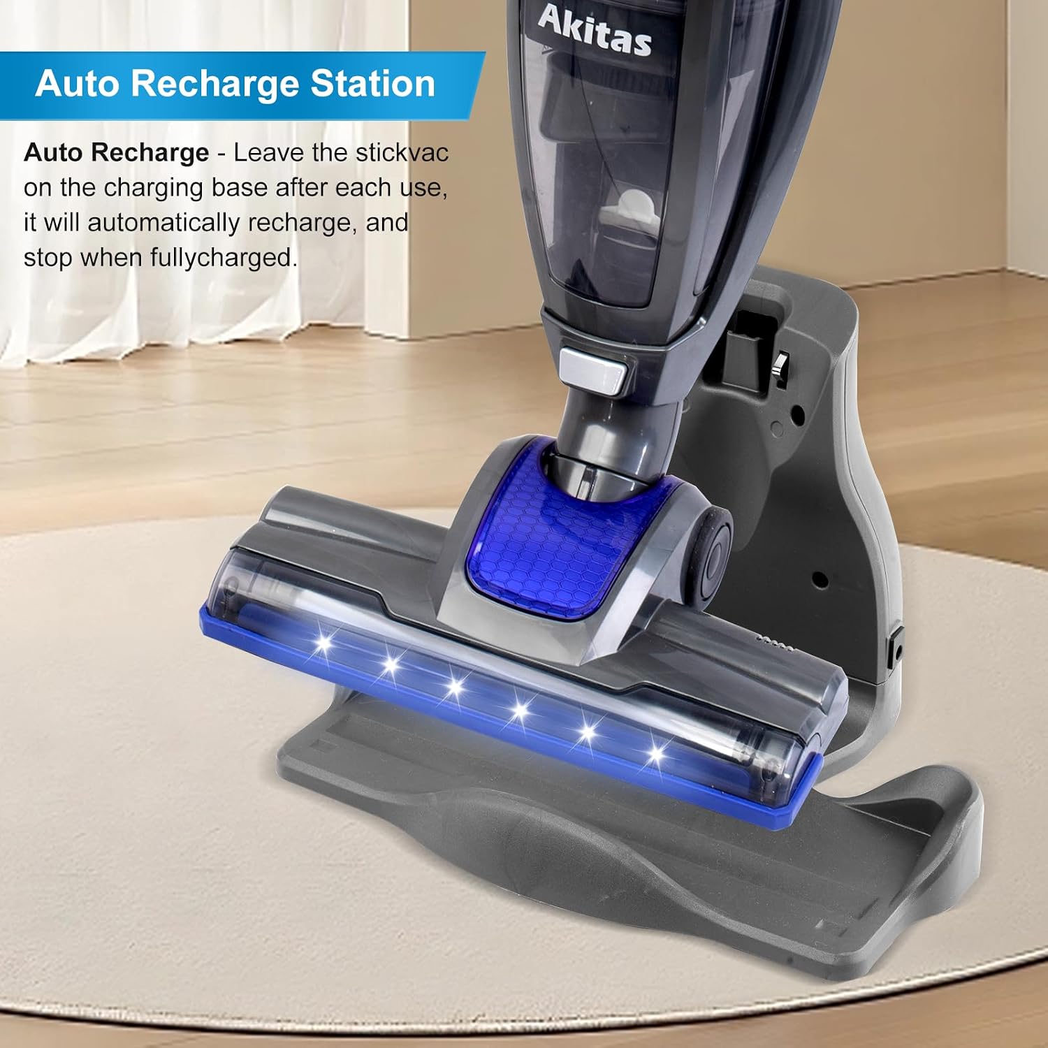 Detalle 2 de Akitas U10 Cordless Vacuum Cleaner — 2-in-1 Stick & Handheld with Auto-Charging Dock, 2.4kg, LED Turbo Brush