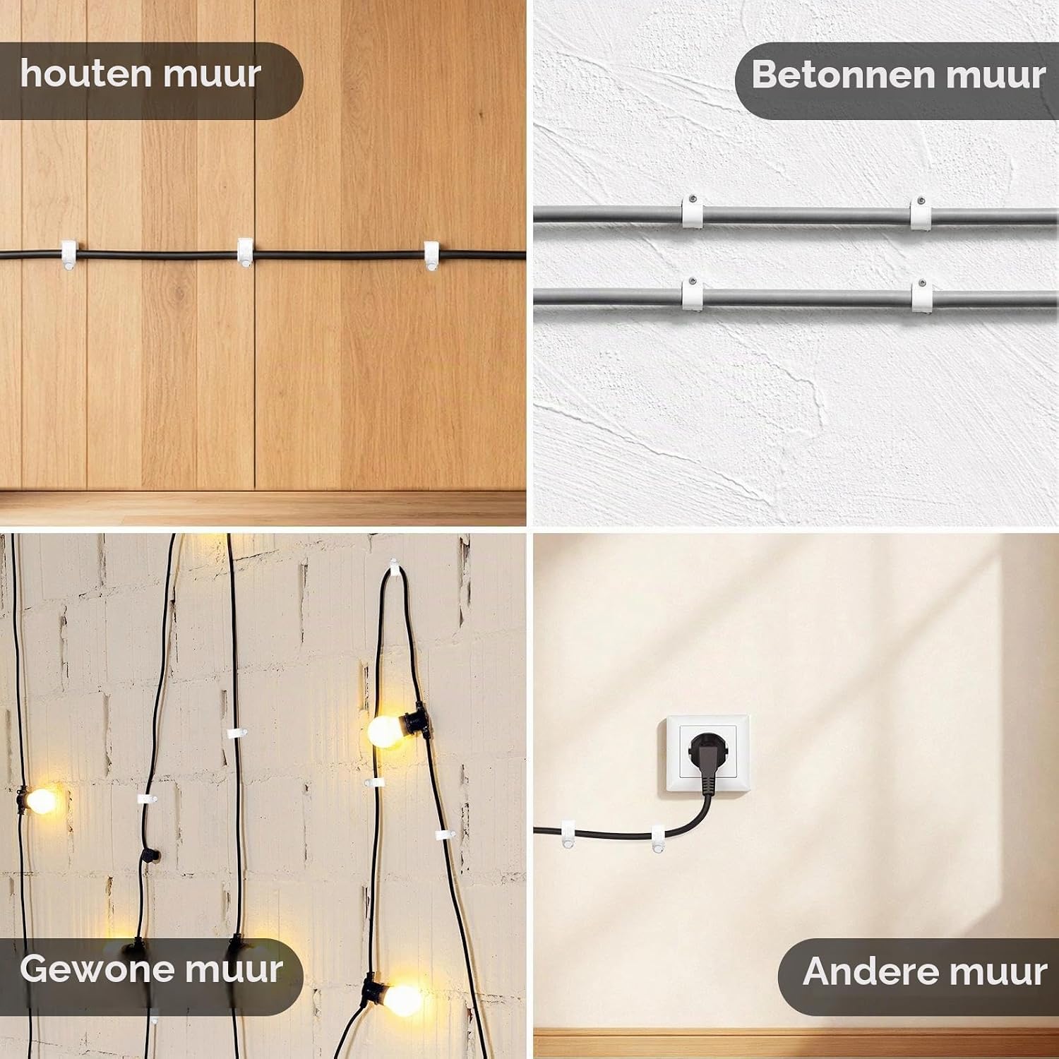 Detalle 1 de Aujzoo kabelclips, 4, 6, 8 en 10 mm, 80 witte clips met stalen nagels