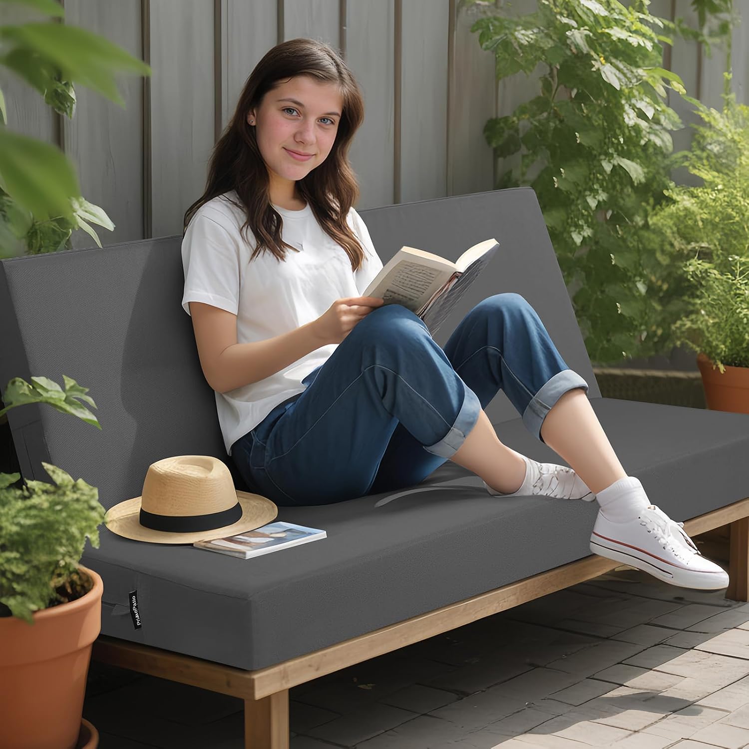Detalle de PRIMEPATIO 8cm memory foam outdoor garden bench cushion (dark grey) with waterproof cover and ties