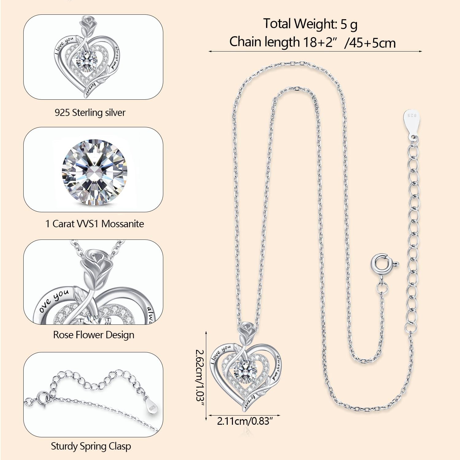 Detalle de LAVUMO Moissanite Halskette Damen aus 925 Sterling Silber mit Doppel-Herz Rosen-Anhänger