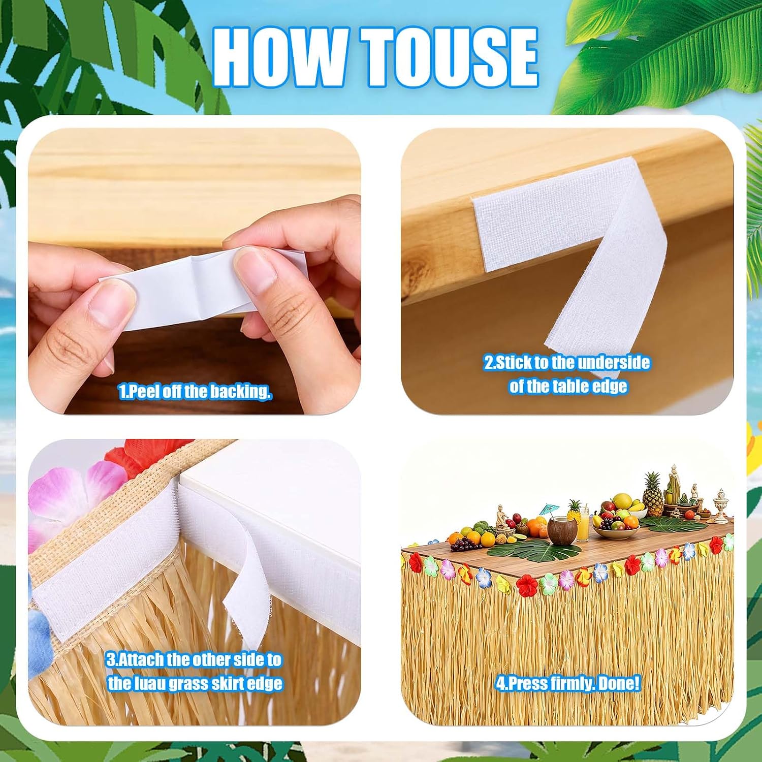 Thumbnail 5 de Bszatan 4 Pack Luau Grass Table Skirt – Natural 275x75cm Tropical Party Decor