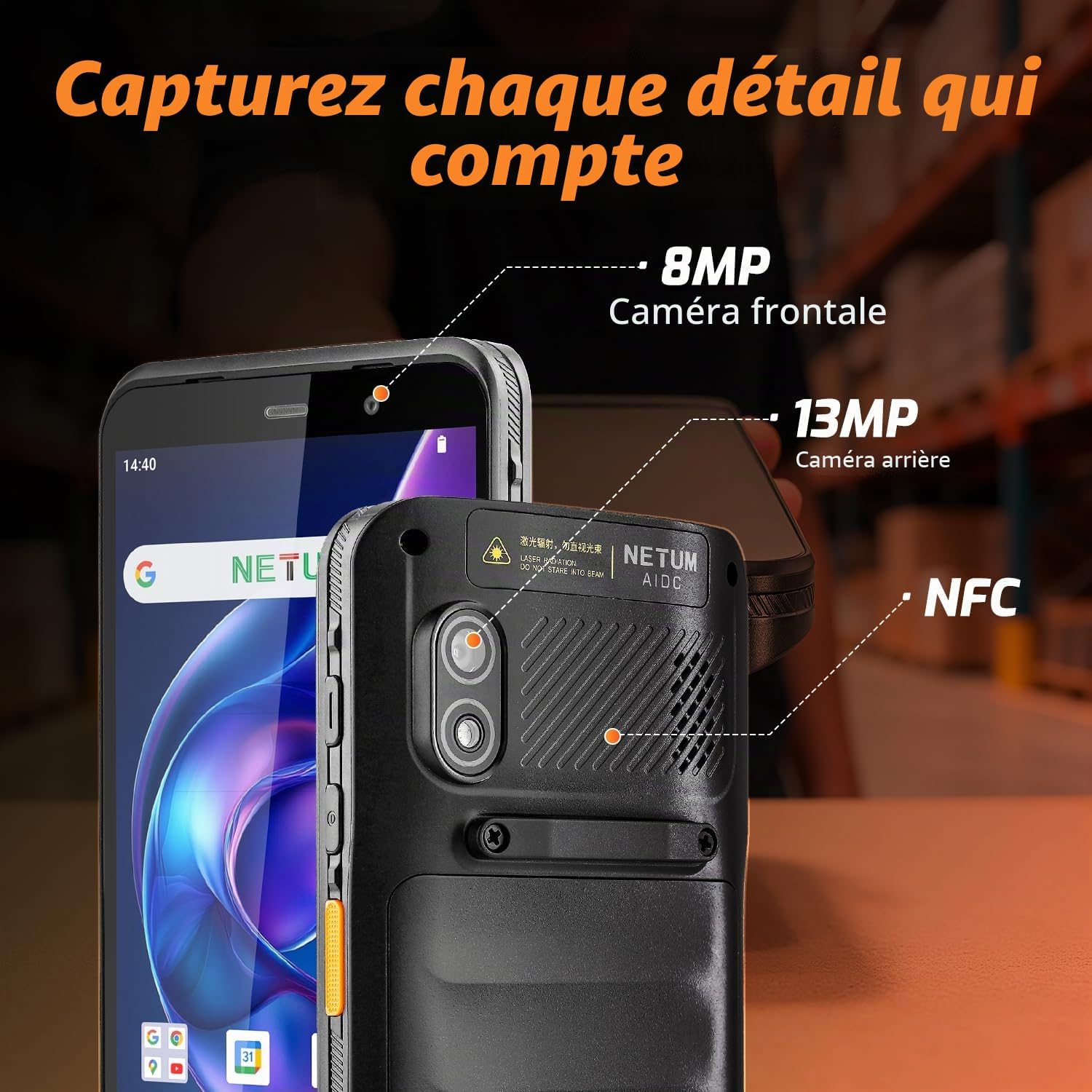 Detalle de NETUM Q900 — Scanner Android 14, écran 5,99" et motorisation HS7 Honeywell, autonomie et robustesse pour entrepôt