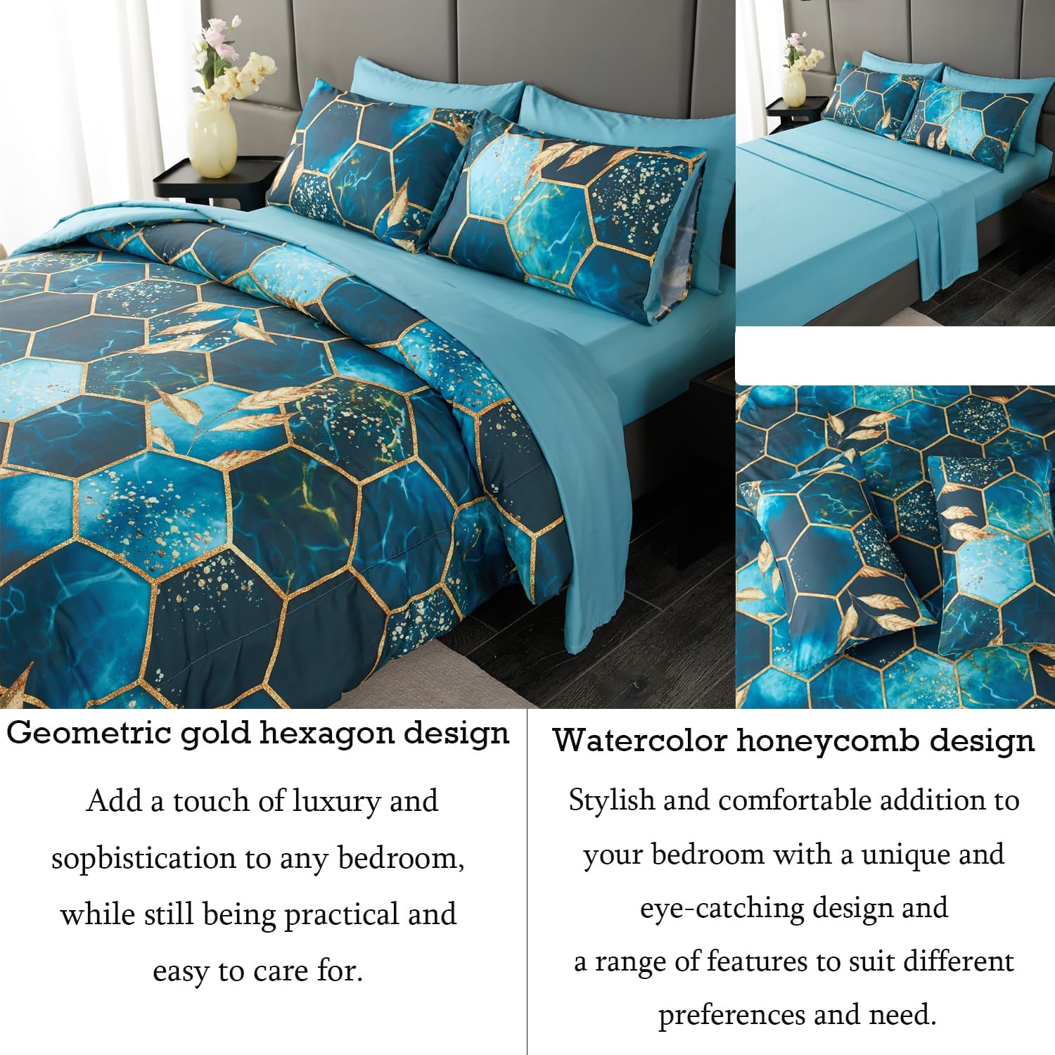 Thumbnail 5 de ANGIYUIN Teal Gold Bedding Set King 7pc
