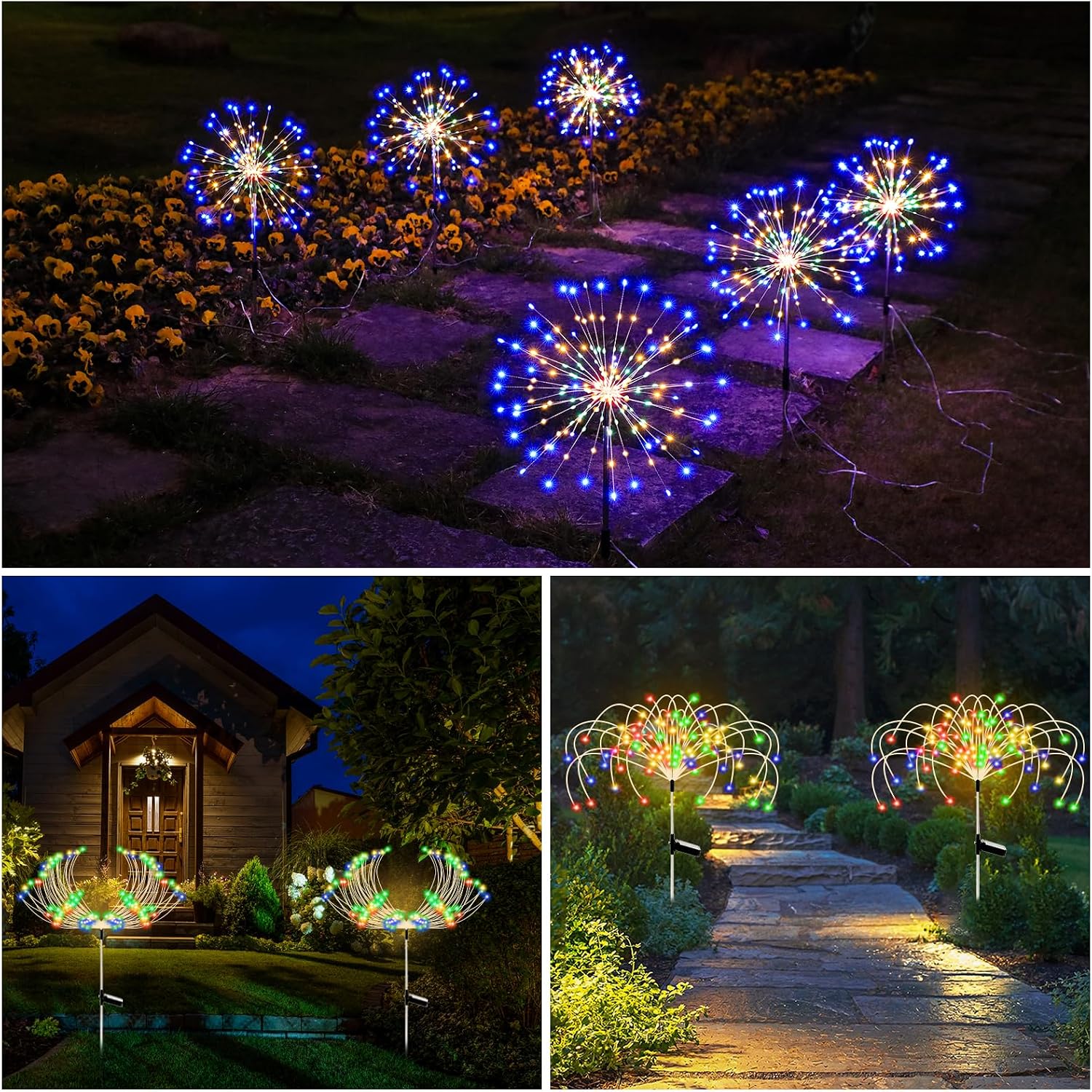 Thumbnail 6 de Solar Lights Outdoor Garden Solar Firework Starburst Stake Lights (120 LEDs, 8 Modes) – 4 Packs, Warm White