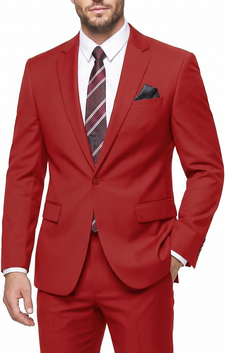 Detalle de WYWK Men's Slim-Fit Suit with Solid-Colour Blazer, Pants, Tie & Pocket Square